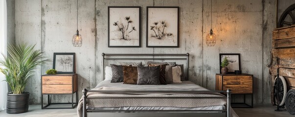 An industrial-style master bedroom featuring a minimalist metal bed, wooden nightstands, and concrete walls adorned with modern artworks