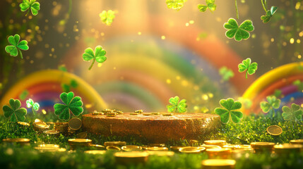 A podium surrounded by clover garlands, golden coins, and rainbow elements, set in a vibrant Irish-themed scene for Saint Patrickâ€™s Day.