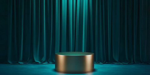 A podium in matte gold with dark teal curtains, softly illuminated by ambient lighting, creating an elegant product display backdrop.