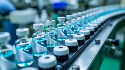 Obraz premium Pharmaceutical vials in motion on the conveyor belt of a manufacturing line at a healthcare plant.