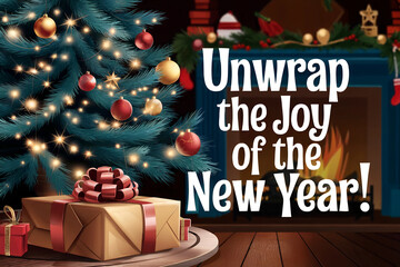 greening card, Gift Box Under Christmas Tree by Fireplace, "Unwrap the Joy of the New Year!"