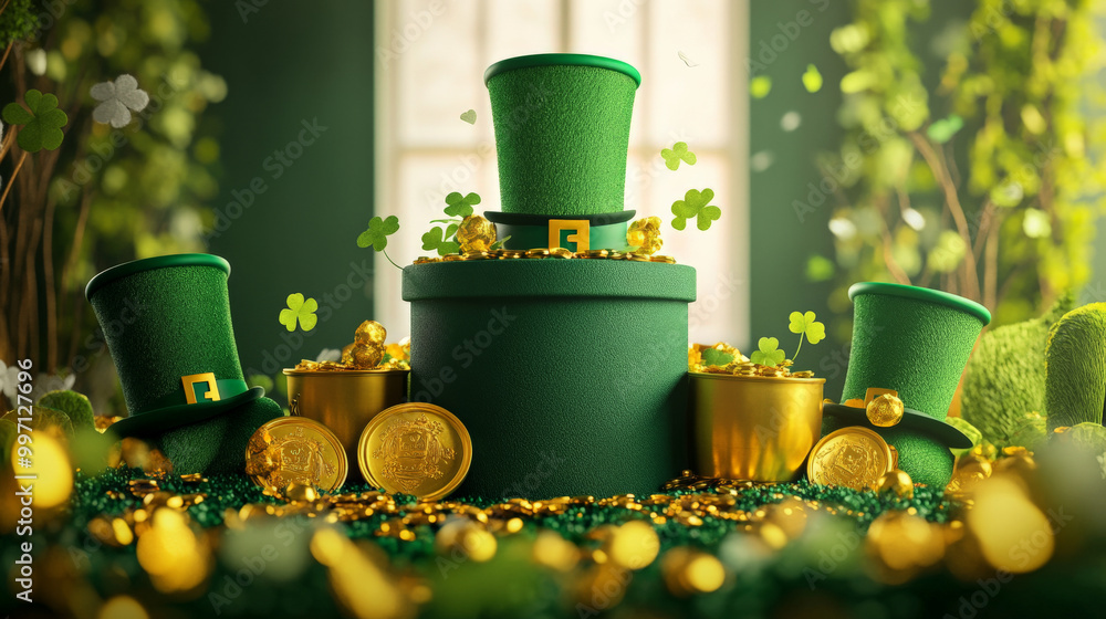 Wall mural a podium adorned with green top hats, golden horseshoes, and pots of gold, celebrating saint patrick