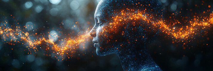 Digital hologram displaying human bodys realtime biohacking stats showing metabolism hydration and cognitive performance in a modern tech lab