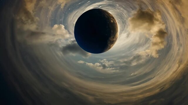 Swirling clouds envelop a rotating planet, accompanied by a crescent moon gracefully orbiting in the vastness of space