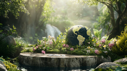 A podium decorated with Earth-shaped symbols, flowers, and green foliage, placed in a serene natural environment to celebrate Earth Day.