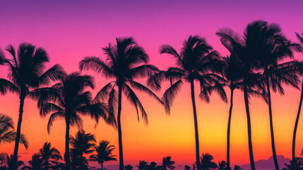 Naklejka premium A smooth gradient tropical sunset, transitioning from fiery orange to deep purple. The silhouette of palm trees sways gently in the breeze.