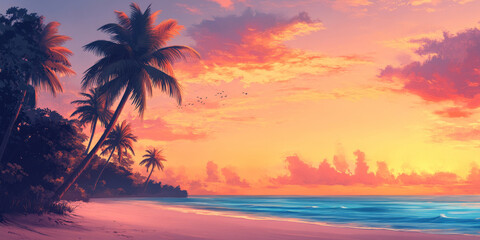 Fototapeta premium A gradient tropical sunset sky blending warm orange and pink tones with soft blues, creating a serene backdrop for a palm-lined beach.
