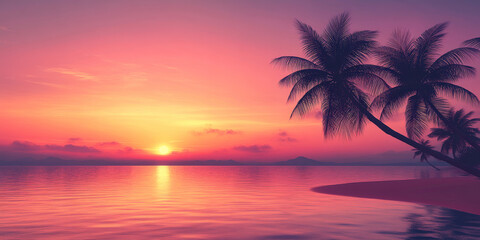 A smooth gradient sky from deep pink to soft orange and purple, with a tropical sunset over calm waters and palm trees swaying in the breeze.