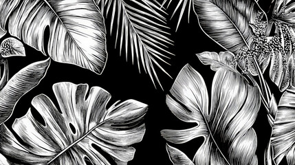 A hand-engraved background of tropical leaves, featuring fine line work and shading, showcasing palm fronds and banana leaves in a classic black and white style.