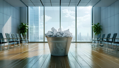 A trash bin filled with crumpled papers in an empty conference room symbolizes inefficiency and a business lacking future perspective