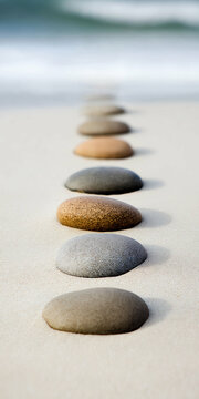 minimalist pebble art with stones arranged in a line across the sand, leading to the serene ocean horizon. Generative AI
