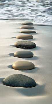 minimalist pebble art with stones arranged in a line across the sand, leading to the serene ocean horizon. Generative AI