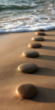 minimalist pebble art with stones arranged in a line across the sand, leading to the serene ocean horizon. Generative AI