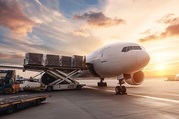 Naklejka premium Airport staff loading cargo on airplane at sunset