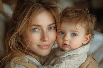 Newborn baby and mother smiling at the camera. Happy young woman holding a newborn.