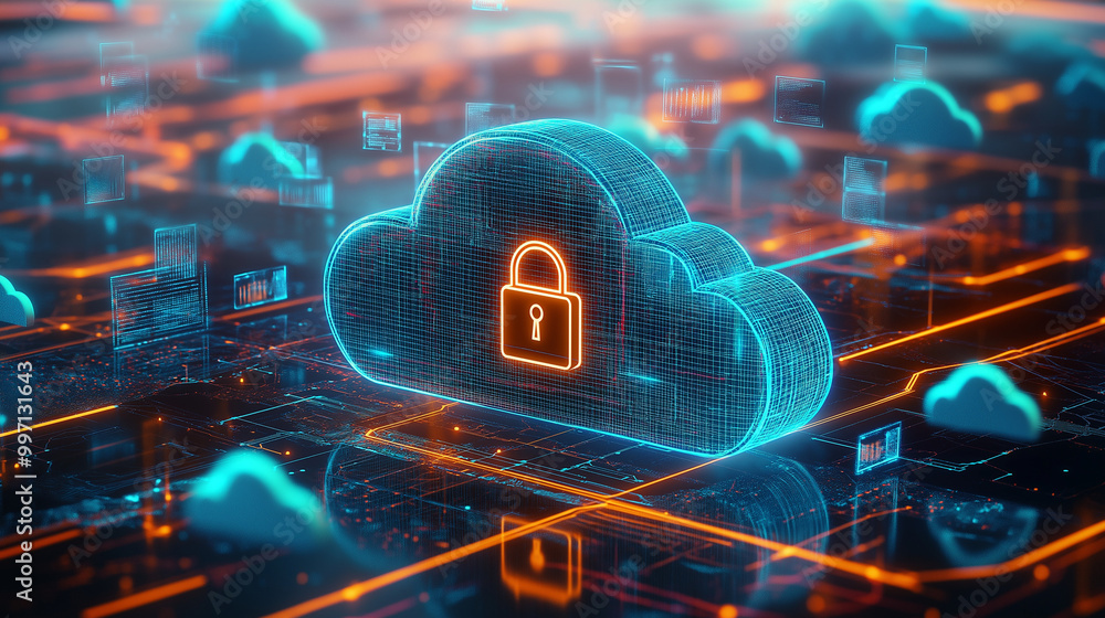 Poster abstract illustration of cloud security services, stylized cloud icon integrated with a secure padlo