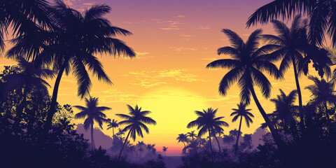 Fototapeta premium A gradient sky from golden yellow to soft purple, casting a warm glow over the tropical sunset. Silhouettes of palm trees complete the serene scene.