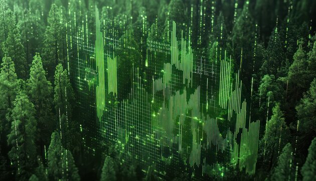 Bar graphs of digital data overlaying a green matrix with forest trees, emphasizing environmental data analysis.