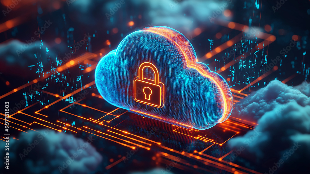 Poster abstract illustration of cloud security services, stylized cloud icon integrated with a secure padlo