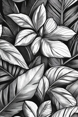 A collection of hand-engraved tropical leaves, with detailed line work and cross-hatch shading, creating a textured pattern in monochrome tones.