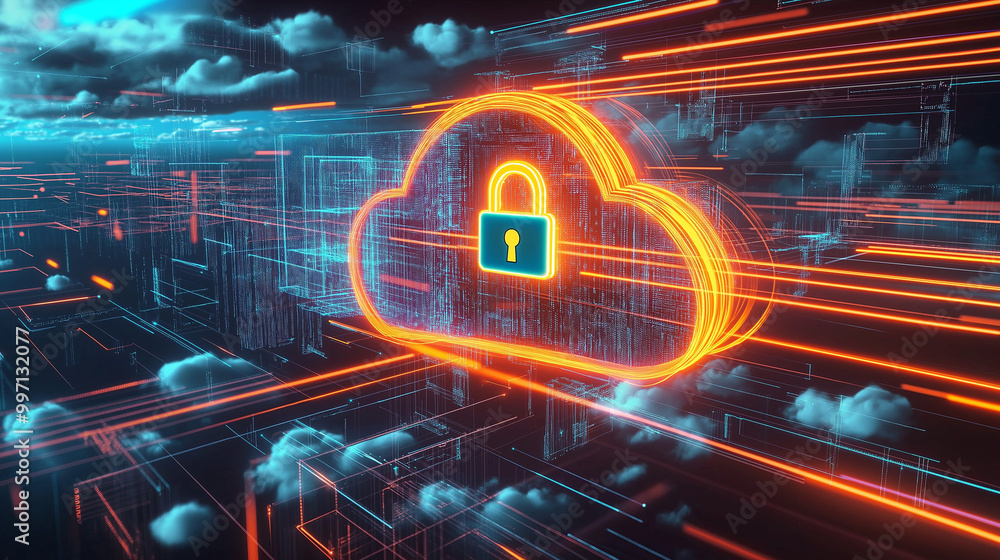 Poster abstract illustration of cloud security services, stylized cloud icon integrated with a secure padlo