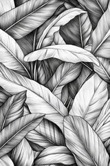 A background of hand-engraved tropical leaves with intricate line work, featuring overlapping banana and palm leaves, shaded with meticulous cross-hatching.