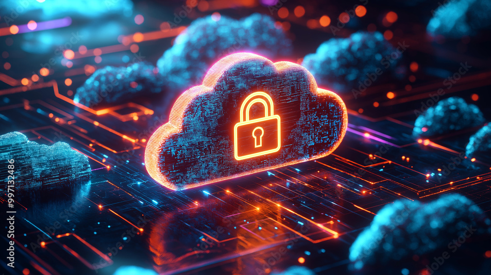 Poster abstract illustration of cloud security services, stylized cloud icon integrated with a secure padlo