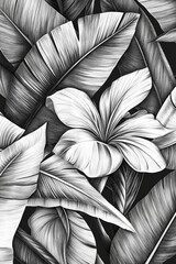 Engraved tropical palm and banana leaves with fine cross-hatching and detailed line work, creating a layered, textured look in monochrome.