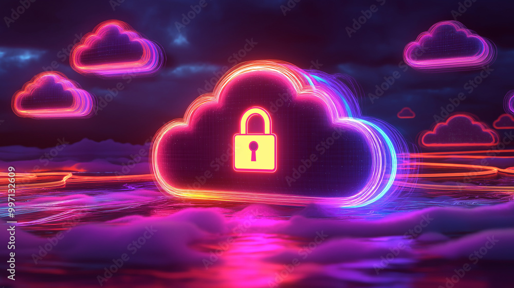 Poster abstract illustration of cloud security services, stylized cloud icon integrated with a secure padlo