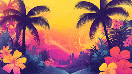 A hand-drawn tropical sunset with vibrant palm trees, exotic flowers, and swirling patterns in shades of pink, yellow, and purple, creating a dreamy, exotic atmosphere.