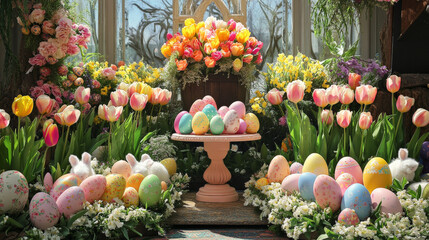 A podium surrounded by pastel Easter eggs, bunny toys, and fresh tulips, set in a lively garden for a vibrant Easter display.