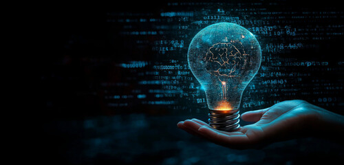 AI, Machine learning, hand holding a big data network, Brain data creative of Ai in light bulb, AI adoption for working, Science and artificial intelligence technology, innovation for futuristic. 