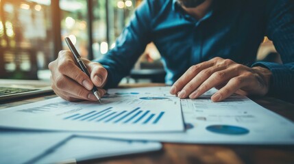 Close-up of a business strategist's hands analyzing financial documents, emphasizing strategic thinking.