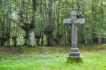 Ancient stone cross in the middle of a field, day of the dead, Halloween