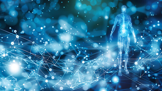 Human body augmented embedded biohacking tech for longevity glowing neural pathways and nanobots enhancing immune system