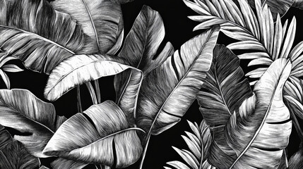 A hand-engraved background of tropical leaves, featuring fine line work and shading, showcasing palm fronds and banana leaves in a classic black and white style.