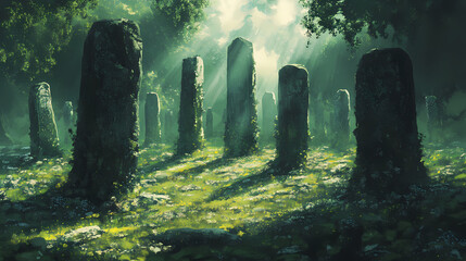 Fototapeta premium A mystical scene of a druids sacred grove filled with ancient standing stones. Druid Grove. Illustration