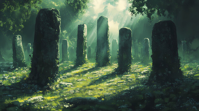 A mystical scene of a druids sacred grove filled with ancient standing stones. Druid Grove. Illustration