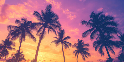 A gradient sky from golden yellow to soft purple, casting a warm glow over the tropical sunset. Silhouettes of palm trees complete the serene scene.