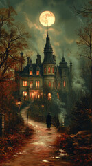 Obraz premium A lone figure walks towards a grand, mysterious mansion under a full moon.