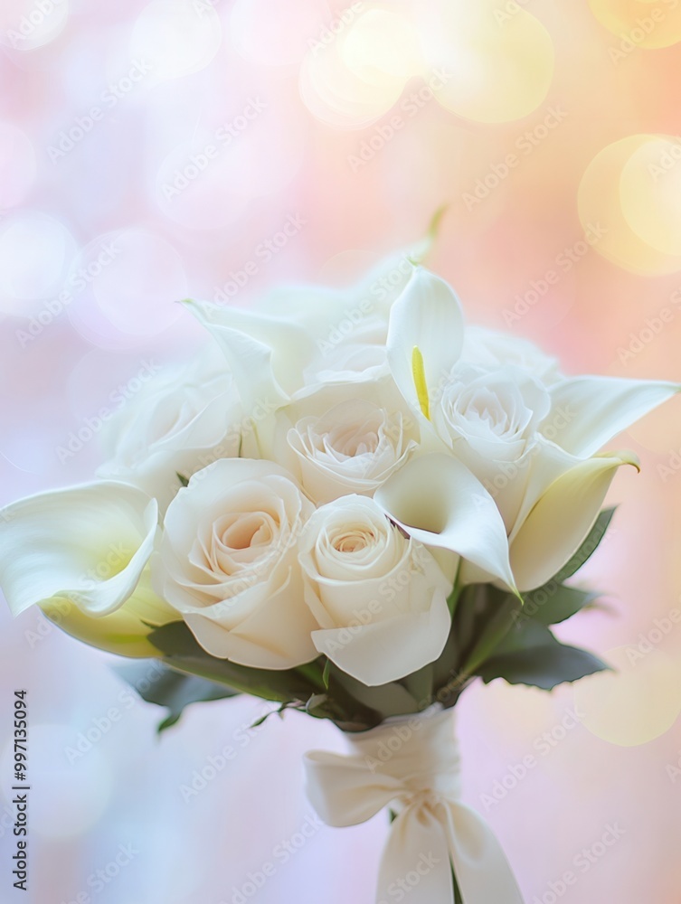 Poster white roses and lilies are beautifully arranged and tied with a silk ribbon, creating an elegant dis