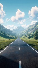 Naklejka premium Wide open road leading into the horizon with clear blue sky and white clouds