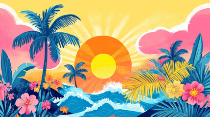 Obraz premium A colorful hand-drawn tropical landscape with stylized palm trees, bright florals, and a rising sun in shades of pink, yellow, and blue, framed by abstract waves.
