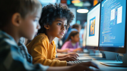 Focused children learning coding and computer programming in a classroom, working on computers. Developing important technology skills through hands-on education.