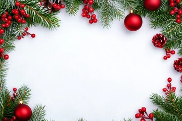 Christmas frame on white background. Top view, flat lay with copy space for text