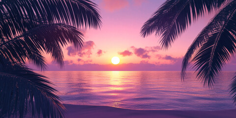 A gradient sunset over a tropical beach, transitioning from deep orange to soft lavender. Palm trees frame the scene, casting shadows over the calm sea.