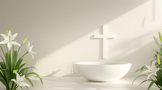 Maundy Thursday Cross with Bowl and Lilies