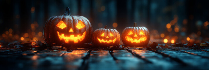 Three jack-o'-lanterns glow in the dark woods.