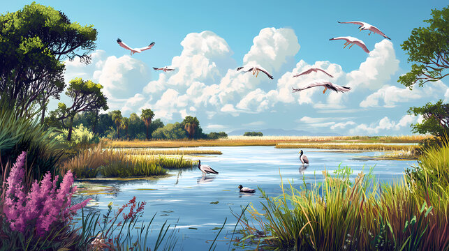 A coastal wetland habitat teeming with migratory birds, highlighting the ecological significance of coastal ecosystems as biodiversity hotspots. Wetlands. Illustration