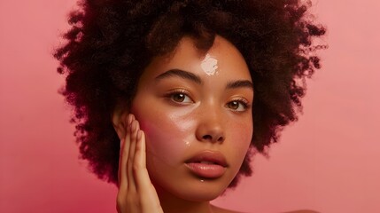 Fototapeta premium Radiant young woman with moisturizer on her face promote